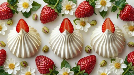 Wall Mural -   Strawberries, seashells, and daisies adorn a white surface