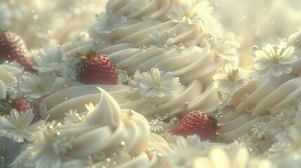Wall Mural -   Close-up of a white-frosted cake with strawberries on top and daisies beneath