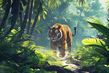 an illustration of tiger walking in the jungle