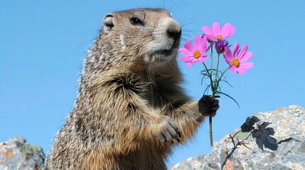 Poster -   Groundhog with flower in hand, rock backdrop