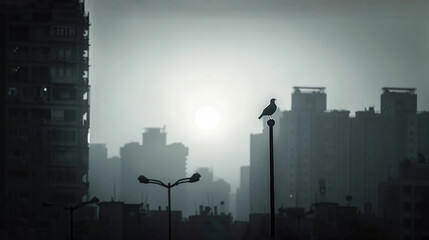 Wall Mural -   A monochrome image of a bird sitting atop a city streetlight amid towering skyscrapers in the backdrop