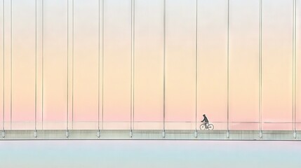 Wall Mural -  A person on a bike crosses a bridge with a pink and blue sky in the background