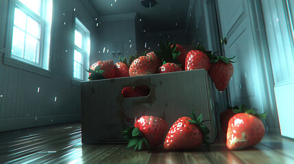 Wall Mural -   Box of strawberries on wooden floor by window during rainfall