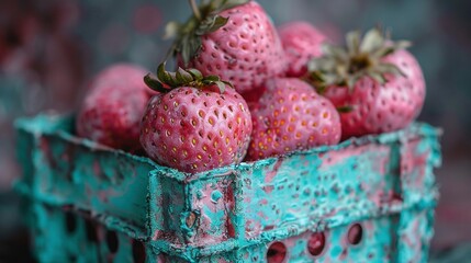 Wall Mural -   A clear photo of several strawberries arranged neatly in a blue container adorned with a pink and green pattern