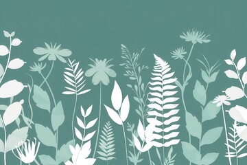 Wall Mural - An abstract illustration of white silhouettes of flowers and leaves on a teal background. Ideal for eco-friendly designs. Generative AI