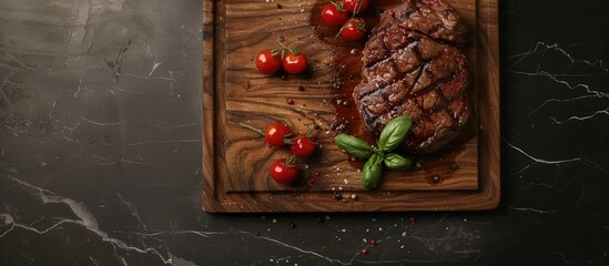 Wall Mural - Grilled spiced beef steak on a wooden board viewed from above with space for text