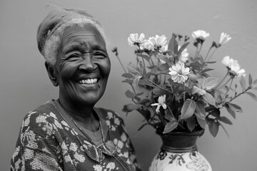 Poster - beautiful 70 year old lady smiling next to flowers posing for photo elderly lady happy concept of joy in old age