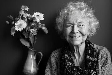 Poster - beautiful 70 year old lady smiling next to flowers posing for photo elderly lady happy concept of joy in old age