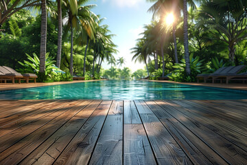 Wooden floor with blurred background of tropical swimming pool and palm trees in sunlight.