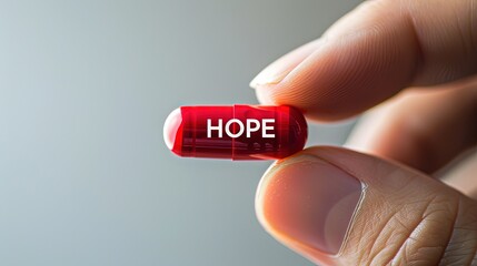 Fingers holding a red mini pill with text 