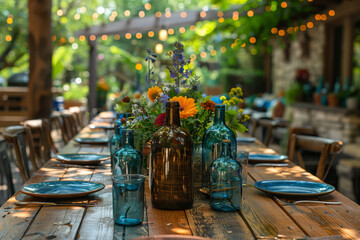 Outdoor party table set with blue and white decor, colorful food, fresh fruit and vegetables, and lush garden background