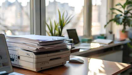 Stack of paper on wooden table near window sill with modern printer in office