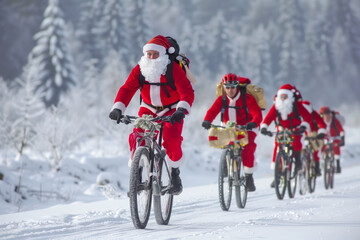 Santa Claus cycling team in snow