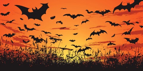 Poster - Bats flying over field at sunset