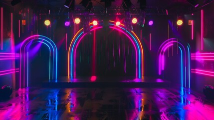 Wall Mural - A stage with neon lights and an arch.
