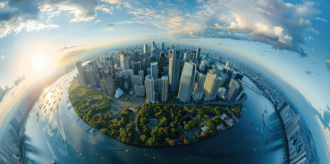 Poster - Cyber Earth, realistic style, urban architecture, fisheye and bird's-eye perspective. Generative AI.