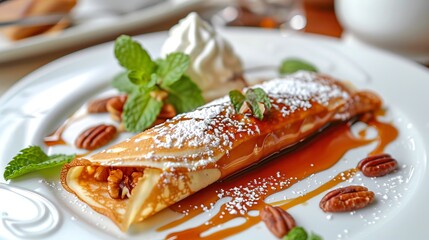 Poster - Gourmet dessert featuring a delicious crepe filled with nuts. Topped with caramel sauce and powdered sugar. Presented in a classic style with mint leaves on top.