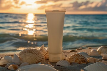 Wall Mural - Sunscreen cream tube mockup with seashells on beach at sunset.