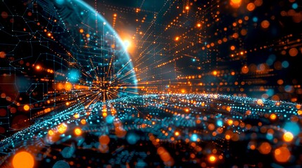Fototapete - Colorful digital representation of futuristic technology. Abstract visual with glowing dots and lines symbolizing digital data transmission. Perfect for tech and sci-fi visual design. AI