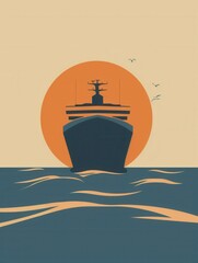 Poster - A minimalistic and elegant image featuring the silhouette of a sailboat on a calm ocean with a setting sun in the background. Generative AI