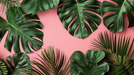 Wall Mural - Tropical leaves on pink background, botanical flat lay. Nature and natural beauty concept