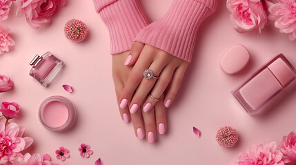Wall Mural - Beautiful female hands with pink manicure on the pink background  .Female hands with pink nail design