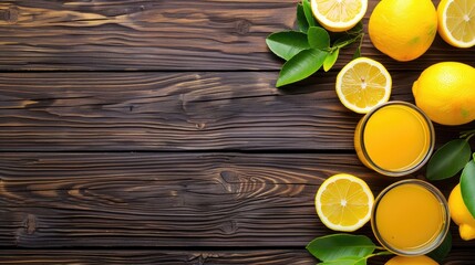 Wall Mural - Lemons and Lemon Juice on Wooden Background Top View Text Space Available