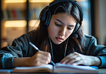 Wall Mural - A young female student sitting at the table, using headphones when studying