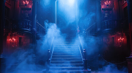 Aufkleber - A theater stage, view from audience, the set is a Halloween show, columns, staircase, rolling fog, creepy lighting, in the style of horror show. Generative AI.
