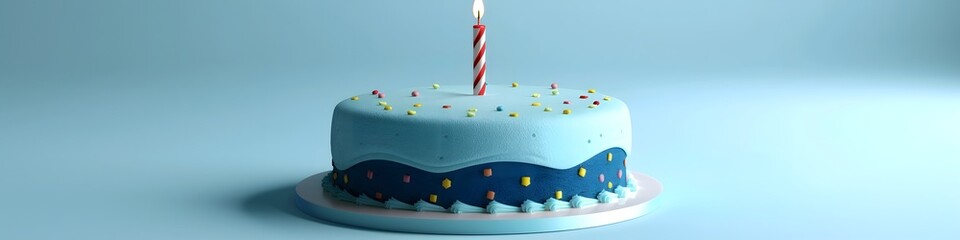 Wall Mural - Blue Birthday Cake with Colorful Sprinkles and One Lit Candle