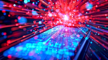 Fototapete - Futuristic mobile device with vibrant red and blue digital light trails. Conceptual image of technology and innovation. Modern style showcasing advanced tech. Perfect for tech-related projects. AI