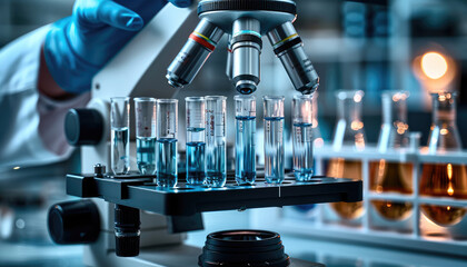 Poster - A Laboratory long glass pipette over a row of test tubes, with a microscope above it. The focus is on the hand and the test tubes, Blue liquid inside the test tube. Generative AI.