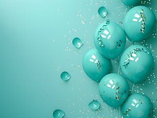 Wall Mural - elegant turquoise green background with shiny balloons and scattered confetti, luxury celebration