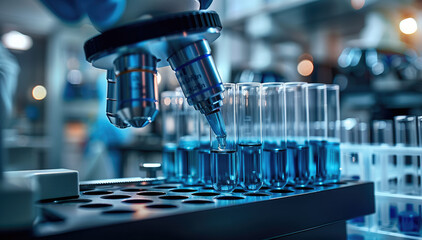 Poster - A Laboratory long glass pipette over a row of test tubes, with a microscope above it. The focus is on the hand and the test tubes, Blue liquid inside the test tube. Generative AI.