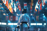 Taekwondo Athlete in Traditional Uniform Standing Confidently in Olympic Arena with Flags Above