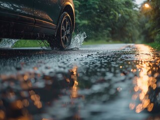 Canvas Print - Car driving through puddle