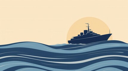 Aufkleber - A minimalist and elegant image featuring a sailboat silhouette on blue ocean waves against a setting sun. Generative AI