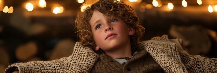boy with curly hair is relaxing in cozy sweater with bokeh lights in background