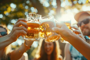 Wall Mural - A group of friends toasting with beer at an outdoor music festival, enjoying the sun and dancing under the sky Generative AI