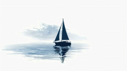 Poster - A minimalist depiction of a sailboat gracefully sailing on calm water with a backdrop of hazy clouds. Generative AI