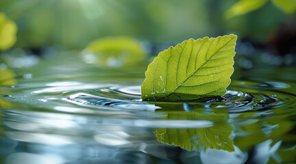 Poster - Bright green leaf drifting on water surface, sunlit, capturing reflections and gentle ripples, calm and refreshing ambiance. Generative AI.