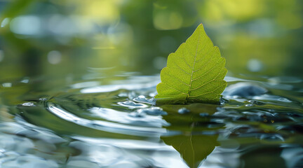 Poster - Bright green leaf drifting on water surface, sunlit, capturing reflections and gentle ripples, calm and refreshing ambiance. Generative AI.