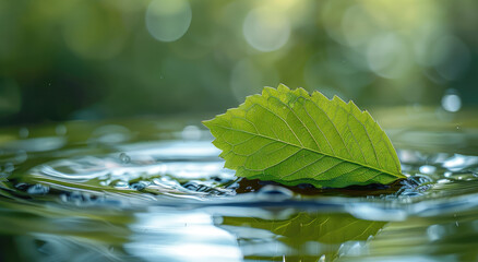 Poster - Bright green leaf drifting on water surface, sunlit, capturing reflections and gentle ripples, calm and refreshing ambiance. Generative AI.