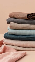 Aufkleber - A close-up of a stack of soft, smooth fabrics in various earthy tones. The fabrics are neatly arranged, showcasing their texture and color