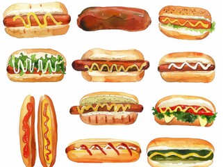 On a white background, a watercolor illustration depicts a hotdog and sausage