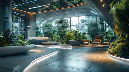 Aufkleber - A spacious and futuristic office space that blends advanced technology with elements of nature. In the center of the office, an interactive touch screen table surrounded by comfortable. Generative AI.