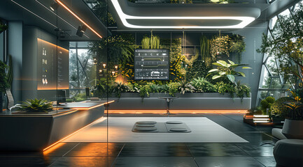 Aufkleber - A spacious and futuristic office space that blends advanced technology with elements of nature. In the center of the office, an interactive touch screen table surrounded by comfortable. Generative AI.