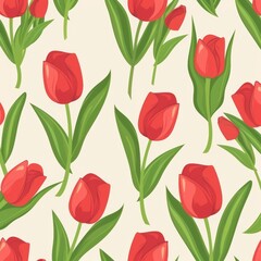 Flowing red flower seamless pattern. Illustration by hand