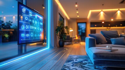 Fototapete - Close-up of a smart home interior, interactive home automation interfaces, smart appliances in action, contemporary living space with IoT connectivity, ambient lighting. Generative AI.