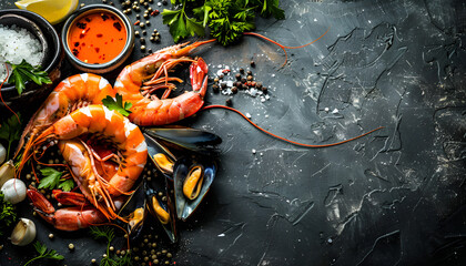Variety of fresh delicious seafood. Octopus tentacles, black tiger shrimps, king prawn and mussels with fresh herbs and seasoning on black rustic background